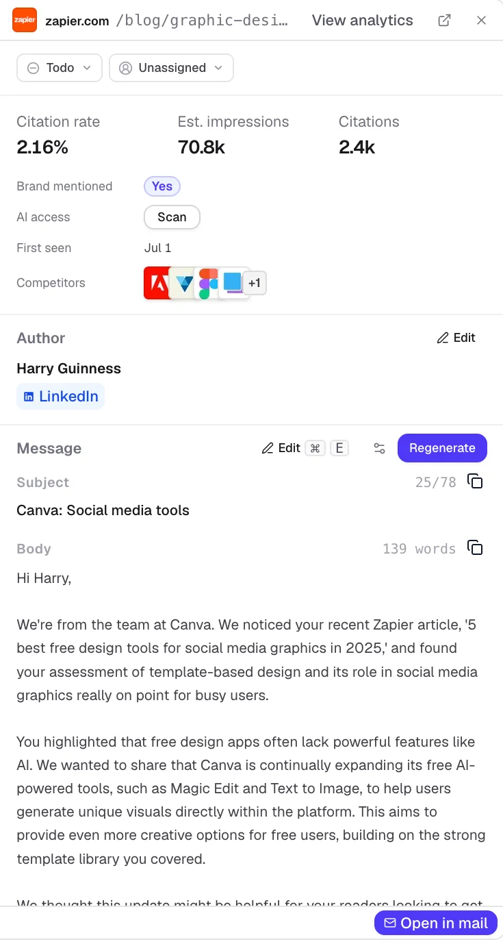 Outreach detail with a drafted email to the page author