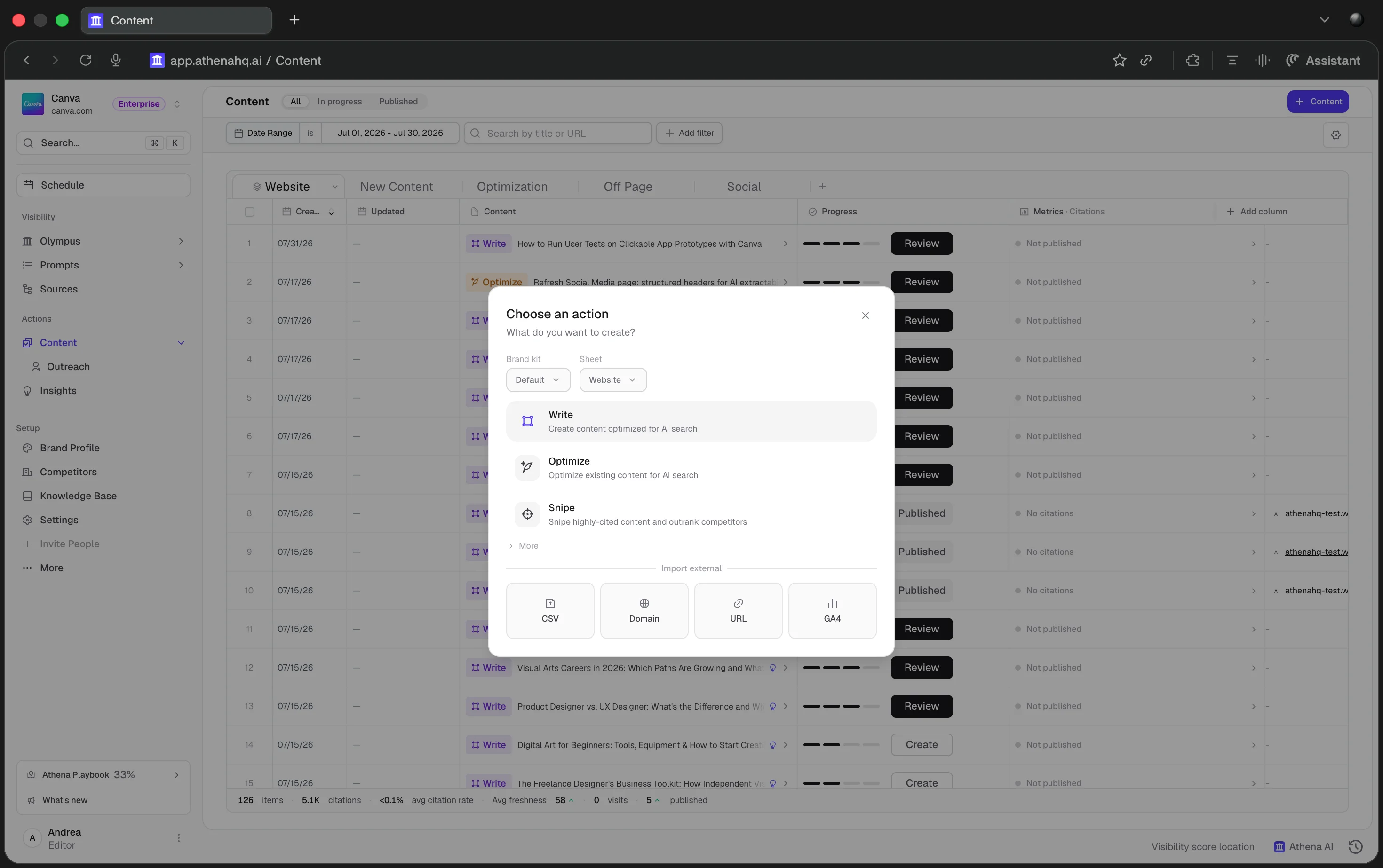 Choosing an action to create content in AthenaHQ