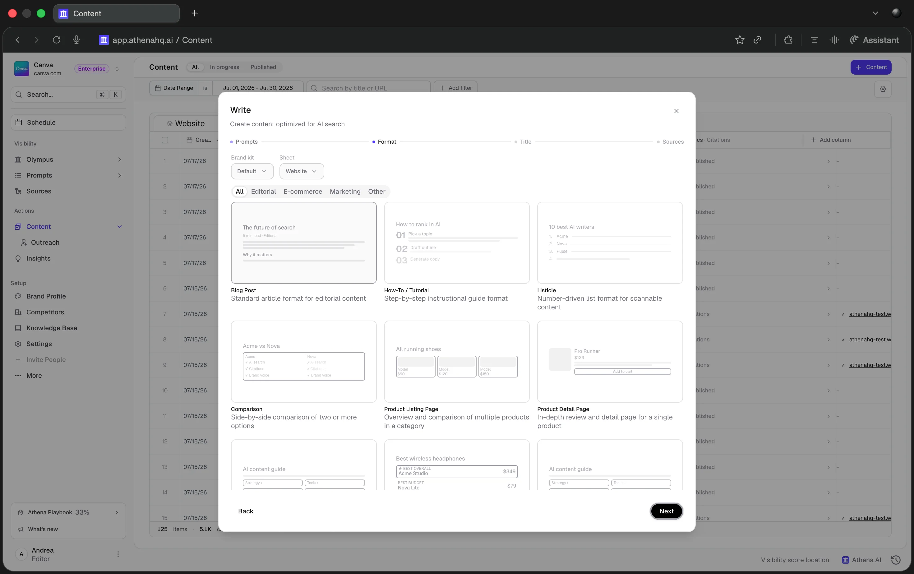 Content format options for a new asset
