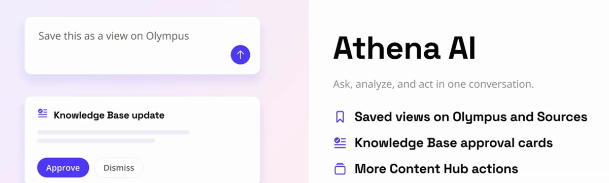 Athena AI saving an analysis as a view on Olympus and proposing a Knowledge Base update through an approval card