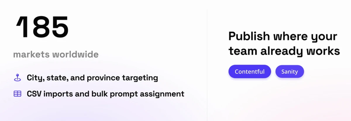 185 markets worldwide with city, state, and province targeting, CSV location imports, and publishing to Contentful and Sanity
